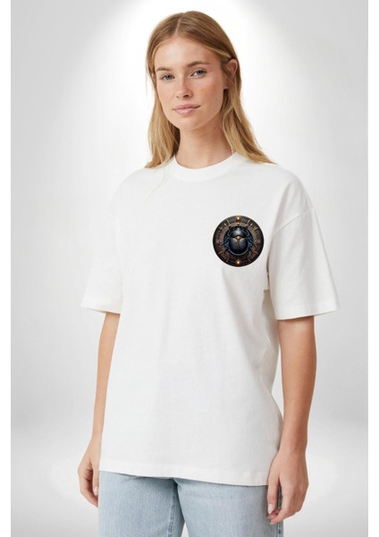 Khepri Yeniden Doğuş, Sabah Güneşi Tanrısı Mısır Beyaz Oversize Kadın Erkek Ön ve Sırt Baskılı Tişört modelleri