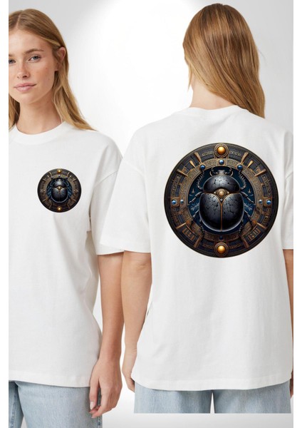 Khepri Yeniden Doğuş, Sabah Güneşi Tanrısı Mısır Beyaz Oversize Kadın Erkek Ön ve Sırt Baskılı Tişört fırsatları