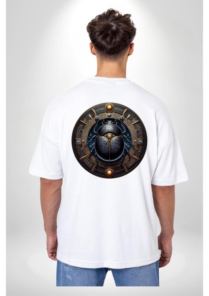 Khepri Yeniden Doğuş, Sabah Güneşi Tanrısı Mısır Beyaz Oversize Kadın Erkek Ön ve Sırt Baskılı Tişört indirimleri