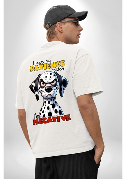 Sinirli Dalmaçyalı Köpek Test Edilen Sabır Beyaz Oversize Kadın Erkek Ön ve Sırt Baskılı Tişört fiyatları