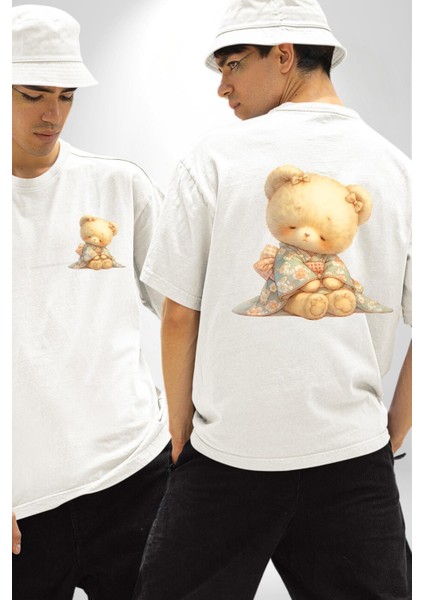 Çiçek Desenli Pastel Ton Ayıcık ve Çiçek Beyaz Oversize Kadın Erkek Ön ve Sırt Baskılı Tişört