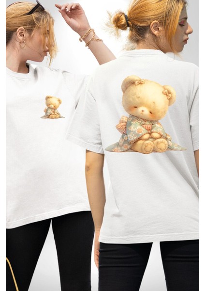 Çiçek Desenli Pastel Ton Ayıcık ve Çiçek Beyaz Oversize Kadın Erkek Ön ve Sırt Baskılı Tişört fırsatları