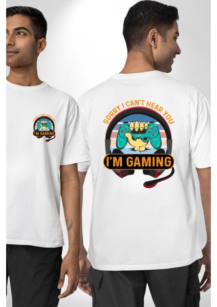 Gamer Özel Tasarım Oyundayım Seni Duymuyorum Beyaz Oversize Kadın Erkek Ön ve Sırt Baskılı Tişört