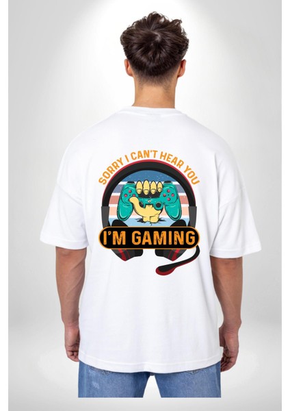 Gamer Özel Tasarım Oyundayım Seni Duymuyorum Beyaz Oversize Kadın Erkek Ön ve Sırt Baskılı Tişört fiyatları