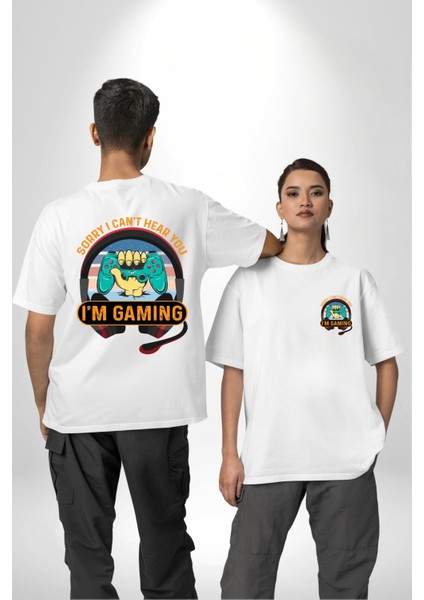 Gamer Özel Tasarım Oyundayım Seni Duymuyorum Beyaz Oversize Kadın Erkek Ön ve Sırt Baskılı Tişört fırsatları