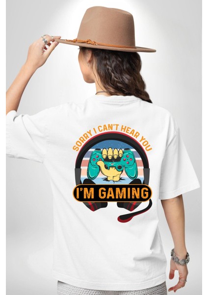 Gamer Özel Tasarım Oyundayım Seni Duymuyorum Beyaz Oversize Kadın Erkek Ön ve Sırt Baskılı Tişört indirimleri