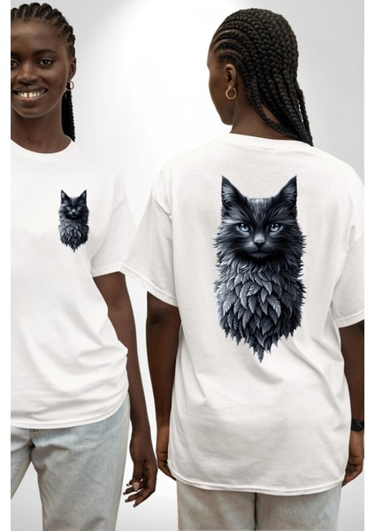 Gotik Ruhlu Doğa ve Kedi Beyaz Oversize Kadın Erkek Ön ve Sırt Baskılı Tişört