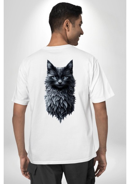 Gotik Ruhlu Doğa ve Kedi Beyaz Oversize Kadın Erkek Ön ve Sırt Baskılı Tişört fiyatları