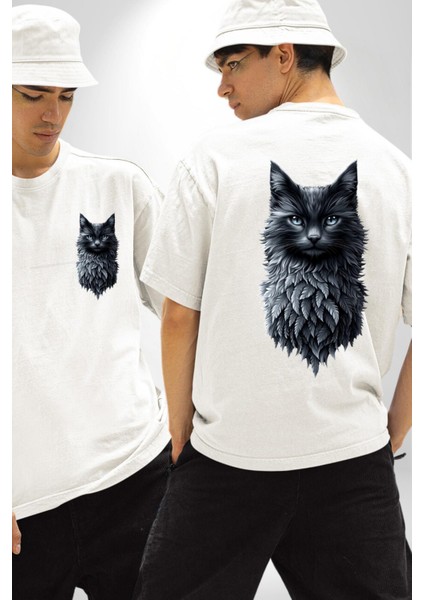 Gotik Ruhlu Doğa ve Kedi Beyaz Oversize Kadın Erkek Ön ve Sırt Baskılı Tişört fırsatları