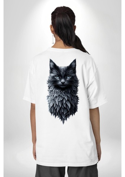 Gotik Ruhlu Doğa ve Kedi Beyaz Oversize Kadın Erkek Ön ve Sırt Baskılı Tişört indirimleri