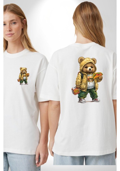 Taco ve Burger Fast Food Temalı Ayıcık Beyaz Oversize Kadın Erkek Ön ve Sırt Baskılı Tişört