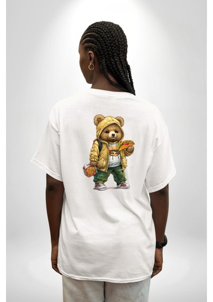 Taco ve Burger Fast Food Temalı Ayıcık Beyaz Oversize Kadın Erkek Ön ve Sırt Baskılı Tişört fiyatları