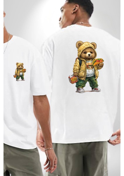 Taco ve Burger Fast Food Temalı Ayıcık Beyaz Oversize Kadın Erkek Ön ve Sırt Baskılı Tişört fırsatları