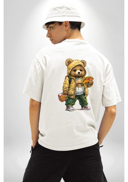 Taco ve Burger Fast Food Temalı Ayıcık Beyaz Oversize Kadın Erkek Ön ve Sırt Baskılı Tişört indirimleri