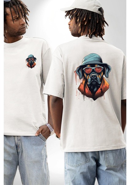 Şapka ve Gözlük Kombinli Gizli Ajan Tarzı Köpek Beyaz Oversize Kadın Erkek Ön ve Sırt Baskılı Tişört