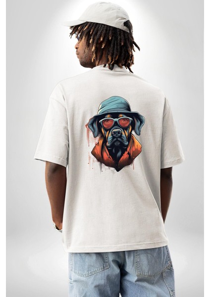 Şapka ve Gözlük Kombinli Gizli Ajan Tarzı Köpek Beyaz Oversize Kadın Erkek Ön ve Sırt Baskılı Tişört fiyatları