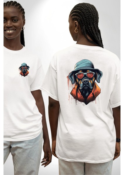 Şapka ve Gözlük Kombinli Gizli Ajan Tarzı Köpek Beyaz Oversize Kadın Erkek Ön ve Sırt Baskılı Tişört fırsatları