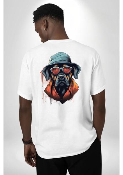Şapka ve Gözlük Kombinli Gizli Ajan Tarzı Köpek Beyaz Oversize Kadın Erkek Ön ve Sırt Baskılı Tişört indirimleri