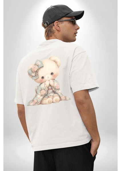 Pastel Tonlarda Nostaljik Sevimli Ayıcık Beyaz Oversize Kadın Erkek Ön ve Sırt Baskılı Tişört indirimleri