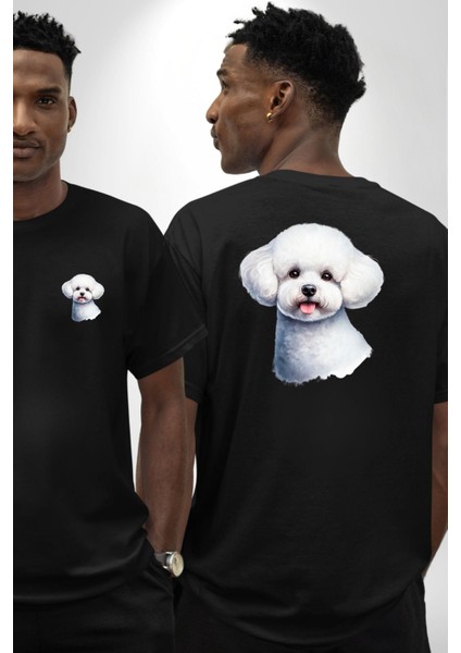 Bichon Frise Beyaz Tatlı Küçük Irk Köpek Siyah Oversize Kadın Erkek Ön ve Sırt Baskılı Tişört