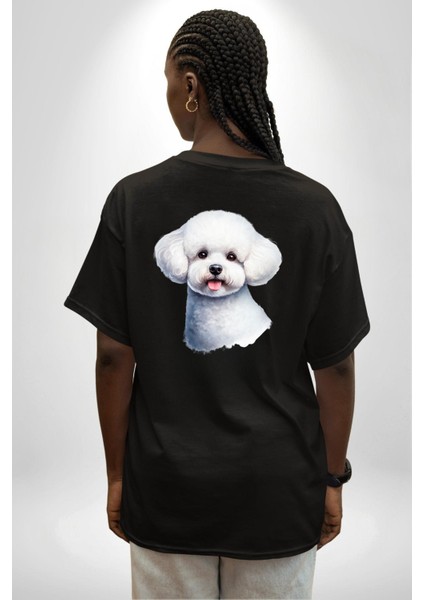 Bichon Frise Beyaz Tatlı Küçük Irk Köpek Siyah Oversize Kadın Erkek Ön ve Sırt Baskılı Tişört fiyatları