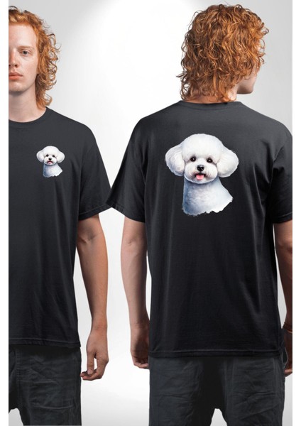 Bichon Frise Beyaz Tatlı Küçük Irk Köpek Siyah Oversize Kadın Erkek Ön ve Sırt Baskılı Tişört fırsatları