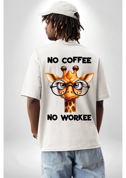 Kahvesiz Çalışmam Zürafa Komik Tasarım Beyaz Oversize Kadın Erkek Ön ve Sırt Baskılı Tişört fiyatları