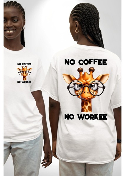 Kahvesiz Çalışmam Zürafa Komik Tasarım Beyaz Oversize Kadın Erkek Ön ve Sırt Baskılı Tişört fırsatları