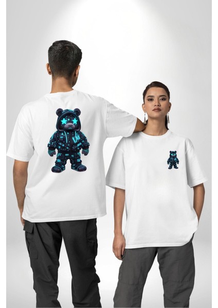 Neon Gece Parıltılı Cyberpunk Teddy Ayı Beyaz Oversize Kadın Erkek Ön ve Sırt Baskılı Tişört