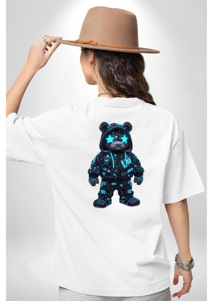 Neon Gece Parıltılı Cyberpunk Teddy Ayı Beyaz Oversize Kadın Erkek Ön ve Sırt Baskılı Tişört fiyatları