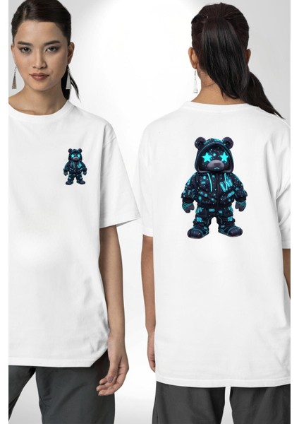 Neon Gece Parıltılı Cyberpunk Teddy Ayı Beyaz Oversize Kadın Erkek Ön ve Sırt Baskılı Tişört fırsatları