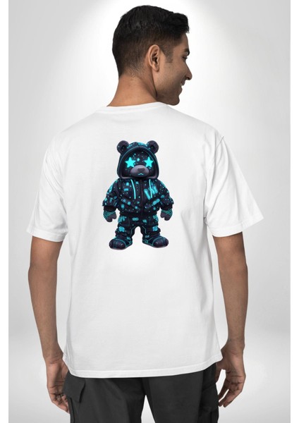 Neon Gece Parıltılı Cyberpunk Teddy Ayı Beyaz Oversize Kadın Erkek Ön ve Sırt Baskılı Tişört indirimleri