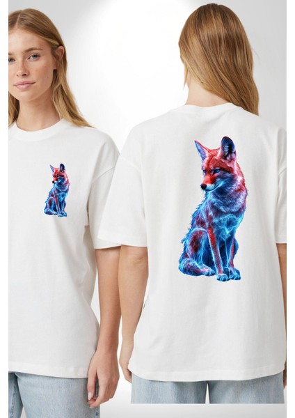 Rengarenk Neon Tilki Beyaz Oversize Kadın Erkek Ön ve Sırt Baskılı Tişört