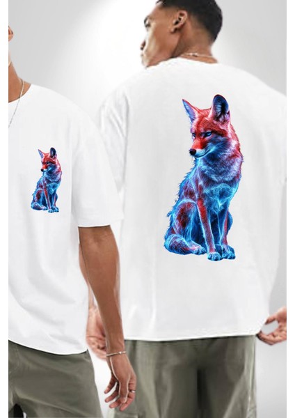 Rengarenk Neon Tilki Beyaz Oversize Kadın Erkek Ön ve Sırt Baskılı Tişört fırsatları