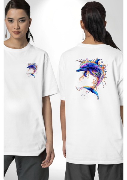 Renkli Sanatsal Yunus Neon Splash Beyaz Oversize Kadın Erkek Ön ve Sırt Baskılı Tişört