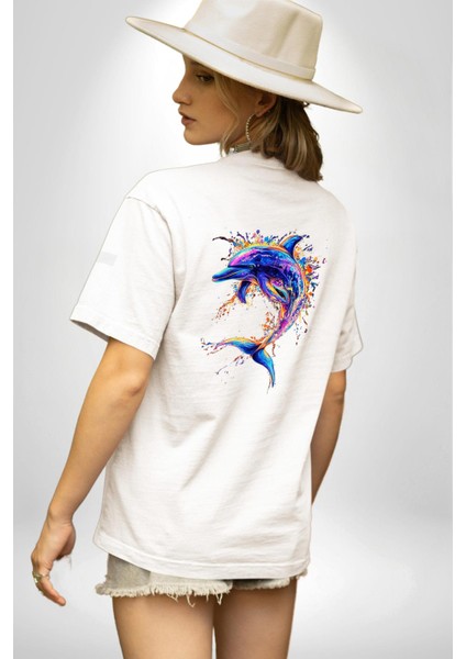 Renkli Sanatsal Yunus Neon Splash Beyaz Oversize Kadın Erkek Ön ve Sırt Baskılı Tişört fiyatları