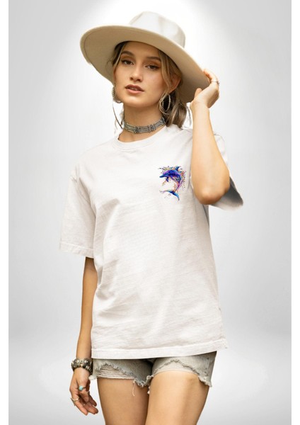 Renkli Sanatsal Yunus Neon Splash Beyaz Oversize Kadın Erkek Ön ve Sırt Baskılı Tişört modelleri