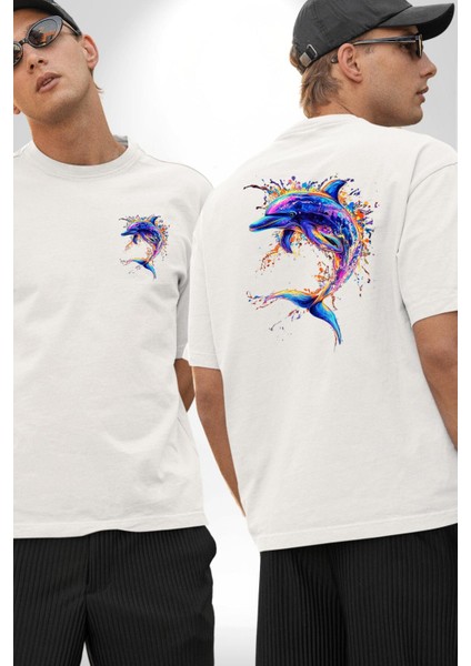 Renkli Sanatsal Yunus Neon Splash Beyaz Oversize Kadın Erkek Ön ve Sırt Baskılı Tişört fırsatları
