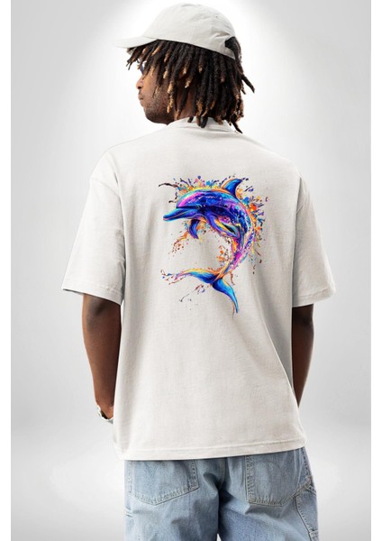 Renkli Sanatsal Yunus Neon Splash Beyaz Oversize Kadın Erkek Ön ve Sırt Baskılı Tişört indirimleri