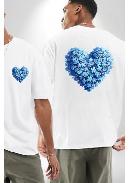 Unutma Beni Çiçeği Kalp Kolajı Beyaz Oversize Kadın Erkek Ön ve Sırt Baskılı Tişört