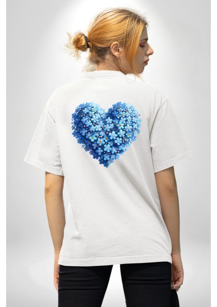 Unutma Beni Çiçeği Kalp Kolajı Beyaz Oversize Kadın Erkek Ön ve Sırt Baskılı Tişört fiyatları