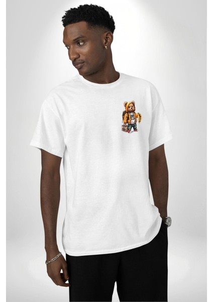Modern Stil Sırt Çantalı Ayıcık Taco Teddy Beyaz Oversize Kadın Erkek Ön ve Sırt Baskılı Tişört modelleri