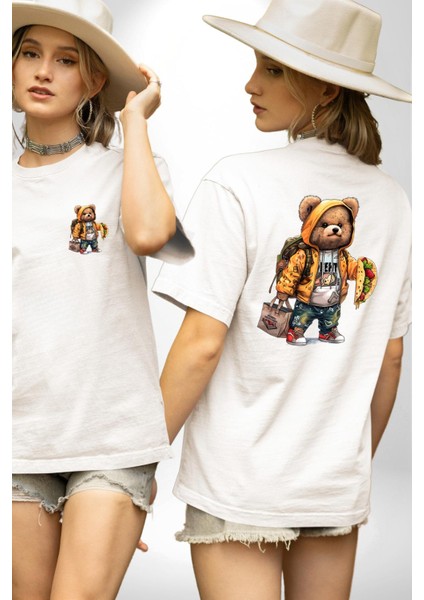 Modern Stil Sırt Çantalı Ayıcık Taco Teddy Beyaz Oversize Kadın Erkek Ön ve Sırt Baskılı Tişört fırsatları
