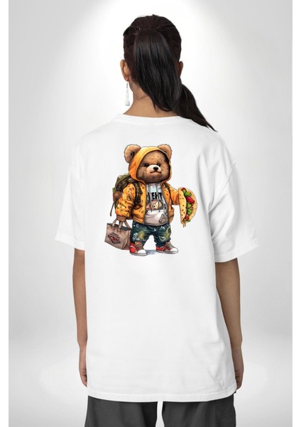 Modern Stil Sırt Çantalı Ayıcık Taco Teddy Beyaz Oversize Kadın Erkek Ön ve Sırt Baskılı Tişört indirimleri