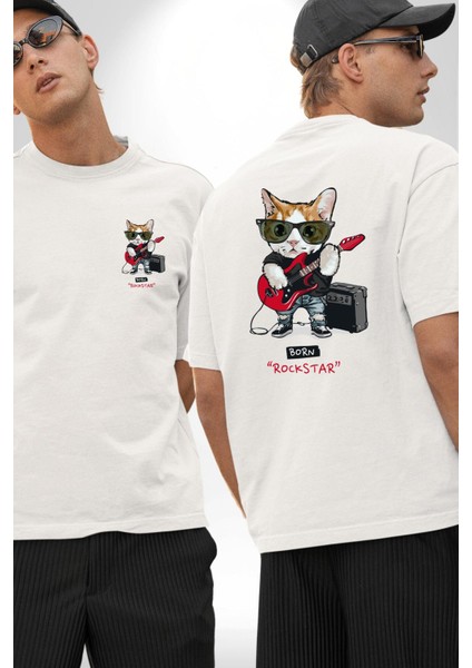 Kedi Rockstar Müzik Durmaz! Gitarı Kap Beyaz Oversize Kadın Erkek Ön ve Sırt Baskılı Tişört fırsatları