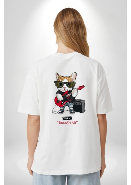 Kedi Rockstar Müzik Durmaz! Gitarı Kap Beyaz Oversize Kadın Erkek Ön ve Sırt Baskılı Tişört indirimleri