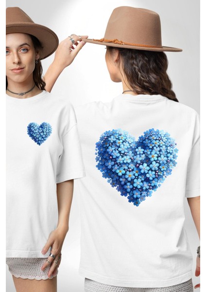 Unutma Beni Çiçeği Kalp Kolajı Beyaz Oversize Kadın Erkek Ön ve Sırt Baskılı Tişört fırsatları