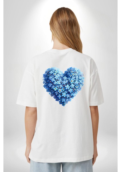 Unutma Beni Çiçeği Kalp Kolajı Beyaz Oversize Kadın Erkek Ön ve Sırt Baskılı Tişört indirimleri