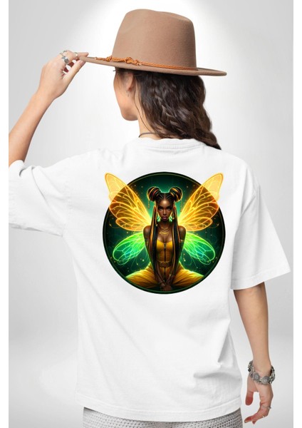 Yazlık Neon Sarı-Yeşil Kadın Melek Beyaz Oversize Kadın Erkek Ön ve Sırt Baskılı Tişört fiyatları