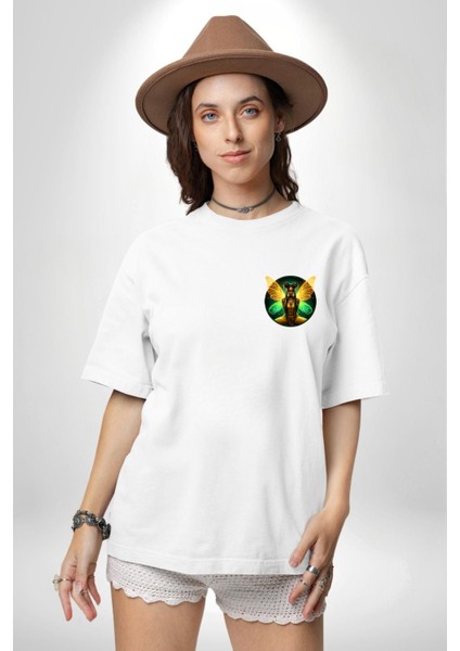 Yazlık Neon Sarı-Yeşil Kadın Melek Beyaz Oversize Kadın Erkek Ön ve Sırt Baskılı Tişört modelleri